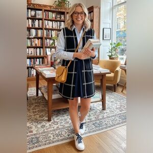 EUC 89th & Madison Black White Plaid Windowpane Open Front Hoodie Vest Size Med